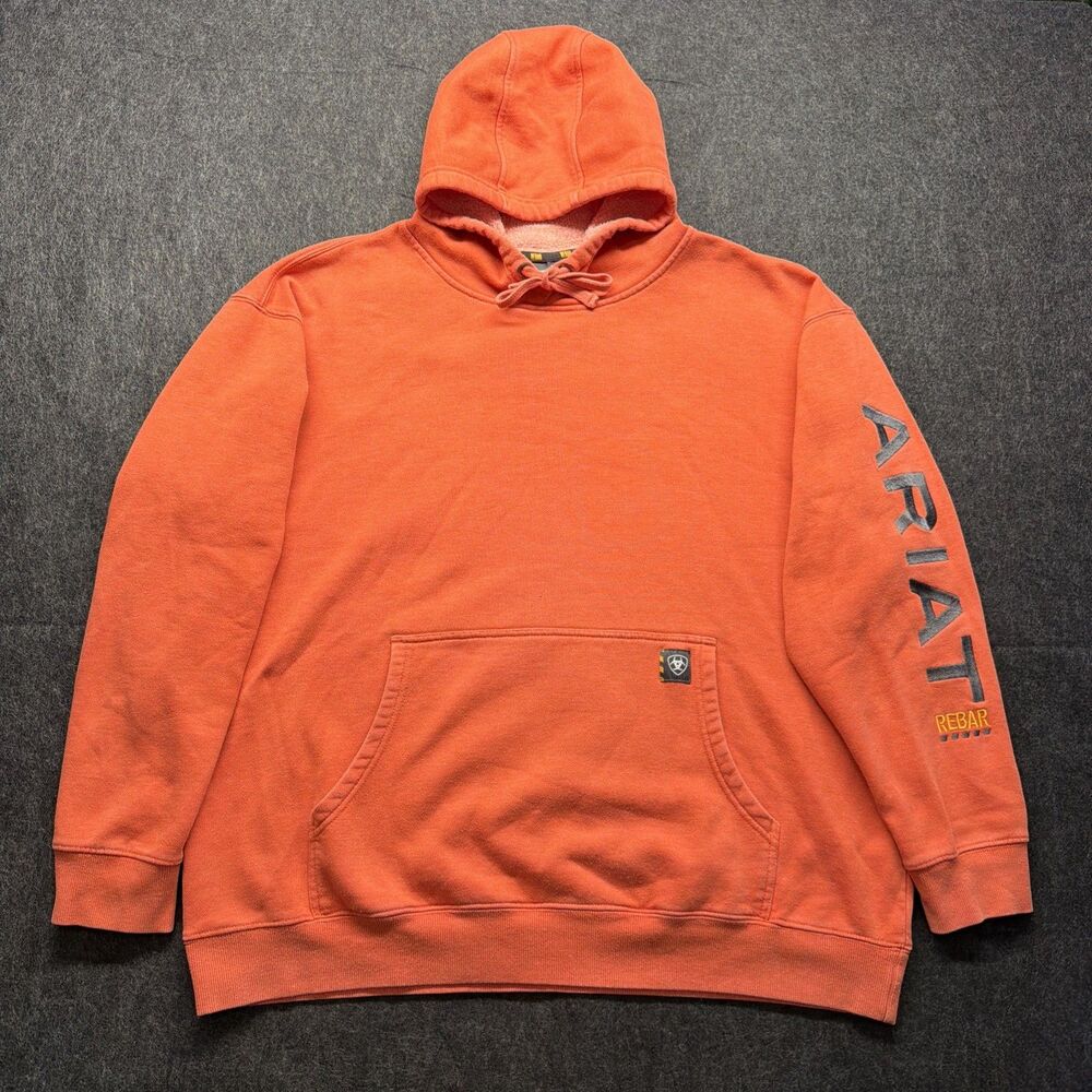 Ariat Rebar Faded Orange Embroidered Hoodie Sleeve Spellout - Men’s XL